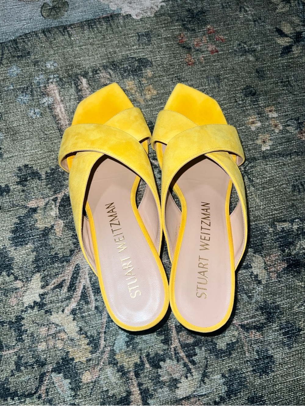 Stuart Weitzman Sunflower Yellow Suede Crossband Mules